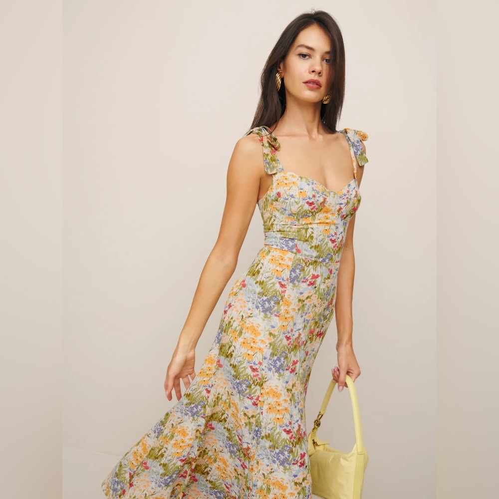Reformation Yellow and Blue Ruched Sundress Sweetheart Midi